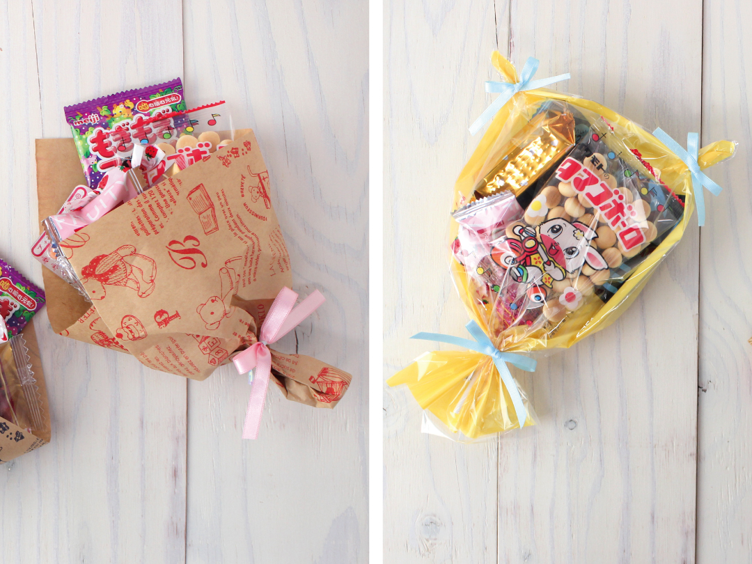 紙袋メーカーのラッピングアイデア お菓子ブーケのラッピングアイデア２選 オリジナル紙袋 包装紙 ショップ袋を小ロットで 株式会社ベルベ